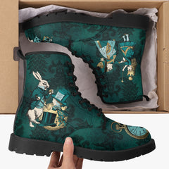 Alice In Wonderland Dark Green and Gold Lace Up Combat Boots (JPDGA1)
