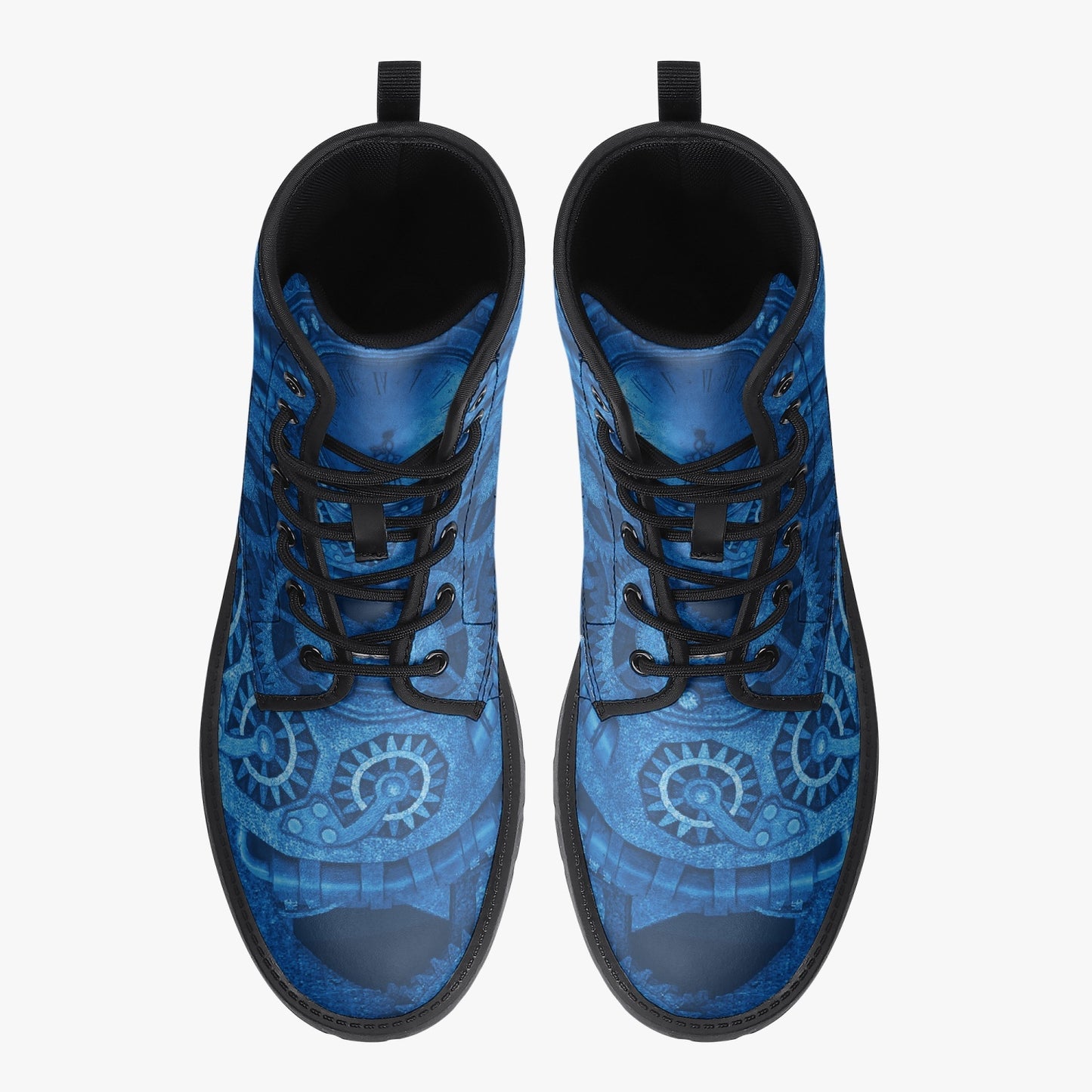 Steampunk Clockwork Gears Bright Blue Combat Boots - Electric Blue Steampunk Boots (JPREGDAVEB)