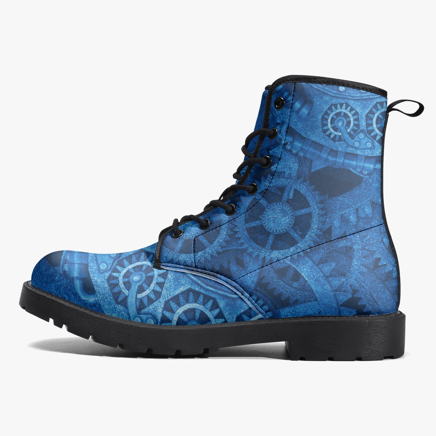Steampunk Clockwork Gears Bright Blue Combat Boots - Electric Blue Steampunk Boots (JPREGDAVEB)