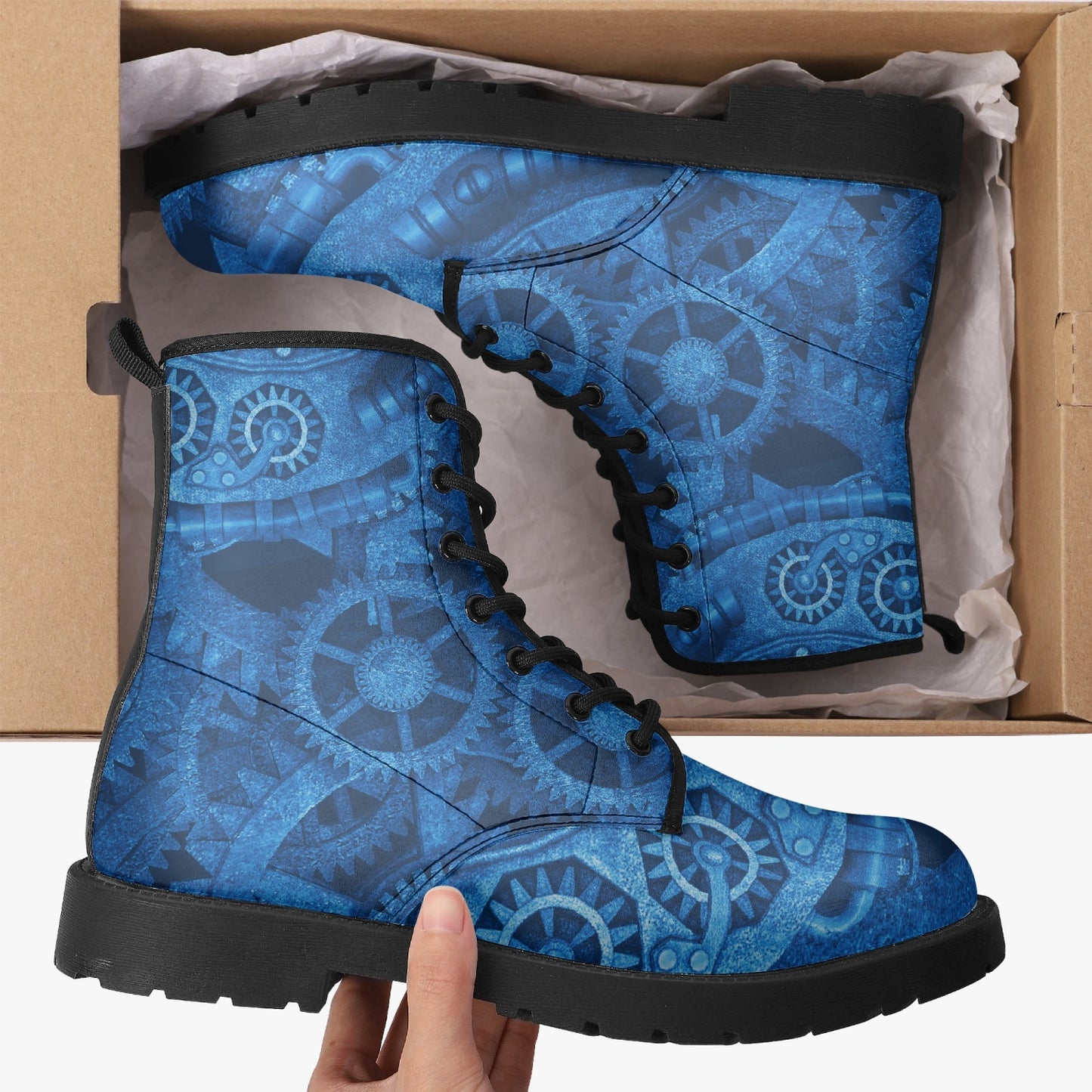 Steampunk Clockwork Gears Bright Blue Combat Boots - Electric Blue Steampunk Boots (JPREGDAVEB)