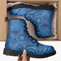 Steampunk Clockwork Gears Bright Blue Combat Boots - Electric Blue Steampunk Boots (JPREGDAVEB)