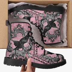 Gothic Raven Pink Lace Up Combat Boots - (JPREG59)