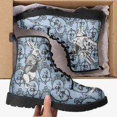 Blue Alice in Wonderland Mad Hatter Tea Party Combat Boots (JPREGMHT2)