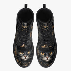 Steampunk Cat Black Combat Boots - Steamcat with Top Hat and Goggles (JPREGBC)