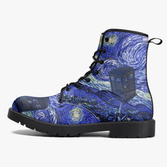 Van Gogh and the Doctor lace up Combat Boots - Starry Night Tardis Boots (JPREG34)
