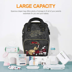 Alice in Wonderland Large Backpack Diaper Bag - Black Red and Gold Nappy Bag