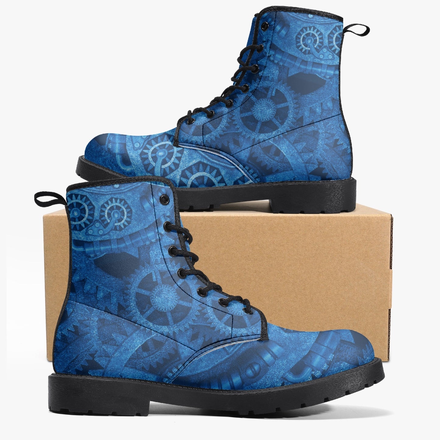 Steampunk Clockwork Gears Bright Blue Combat Boots - Electric Blue Steampunk Boots (JPREGDAVEB)