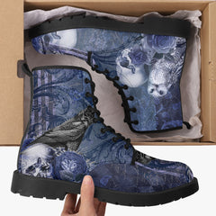 Gothic Skull and Raven Blue Lace Up Combat Boots  - Steampunk Blue Goth Boots (JPREG79a)