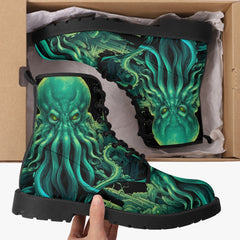 Cthulhu Victorian Horror Lace Up Combat Boots - HP Lovecraft Sea Monster Green Boots (JPREGHP)