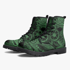 Steampunk Clockwork Gears Green Combat Boots - Vegan Leather Gothic Steampunk Boots - Dark Green Steampunk Boots (JPREG86)