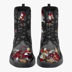 Alice in Wonderland Gothic Red and Gold Black Lace Up Combat Boots - Through the Looking Glass Gothic Boots (JPREG83)