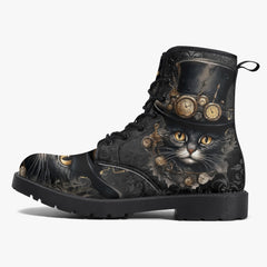Steampunk Cat Black Combat Boots - Steamcat with Top Hat and Goggles (JPREGBC)