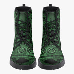 Steampunk Clockwork Gears Green Combat Boots - Vegan Leather Gothic Steampunk Boots - Dark Green Steampunk Boots (JPREG86)