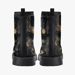 Steampunk Cat Black Combat Boots - Steamcat with Top Hat and Goggles (JPREGBC)