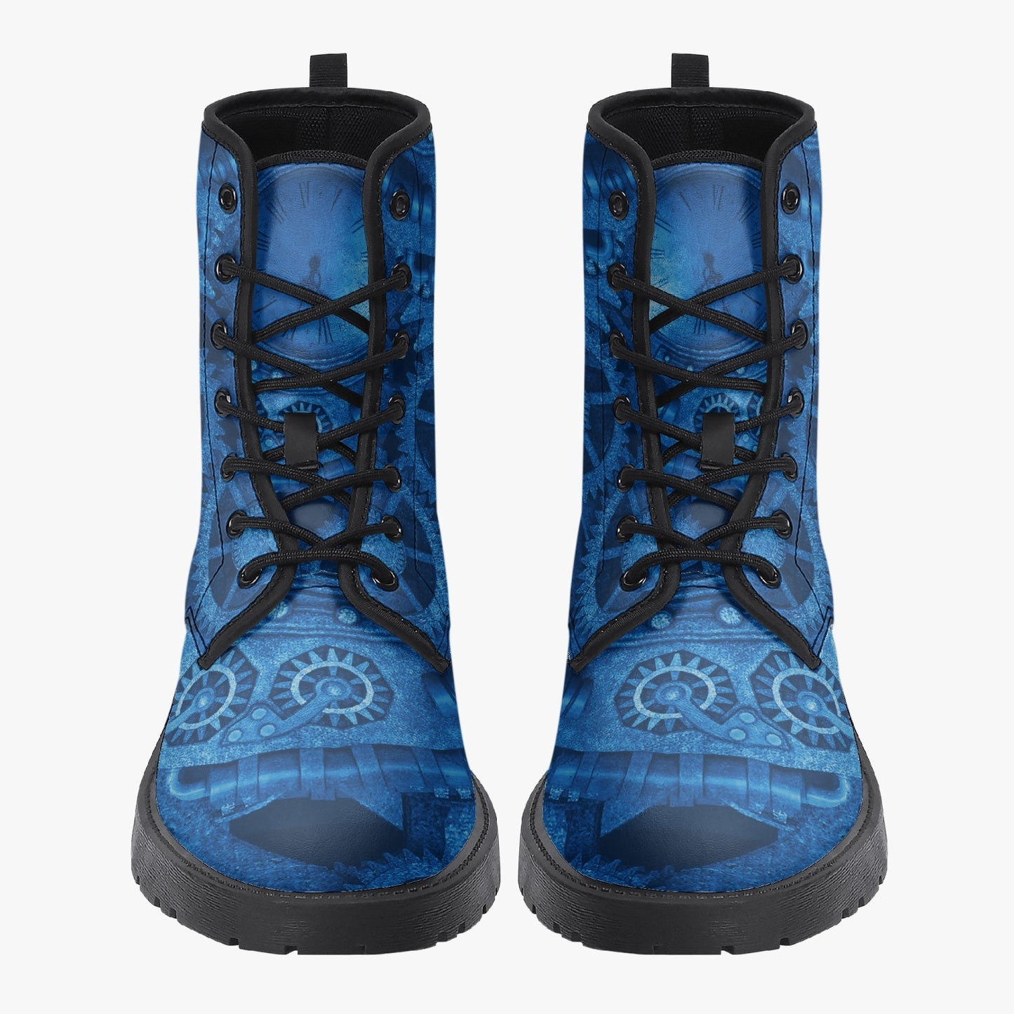Steampunk Clockwork Gears Bright Blue Combat Boots - Electric Blue Steampunk Boots (JPREGDAVEB)