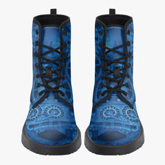 Steampunk Clockwork Gears Bright Blue Combat Boots - Electric Blue Steampunk Boots (JPREGDAVEB)