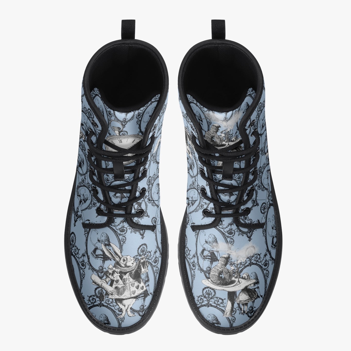 Blue Alice in Wonderland Mad Hatter Tea Party Combat Boots (JPREGMHT2)