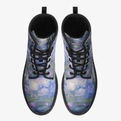 Monet Lilies lace up Combat Boots - Beautiful Blue Toned Monet Festival Art Boots (JPEL22)