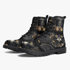 Steampunk Cat Black Combat Boots - Steamcat with Top Hat and Goggles (JPREGBC)
