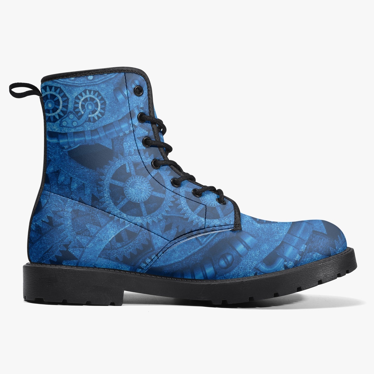 Steampunk Clockwork Gears Bright Blue Combat Boots - Electric Blue Steampunk Boots (JPREGDAVEB)