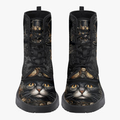 Steampunk Cat Black Combat Boots - Steamcat with Top Hat and Goggles (JPREGBC)