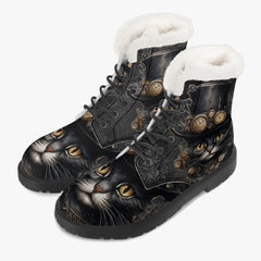 Steampunk Cat Faux Fur Combat Boots - Steamcat with Top Hat and Goggles (JPFBC)