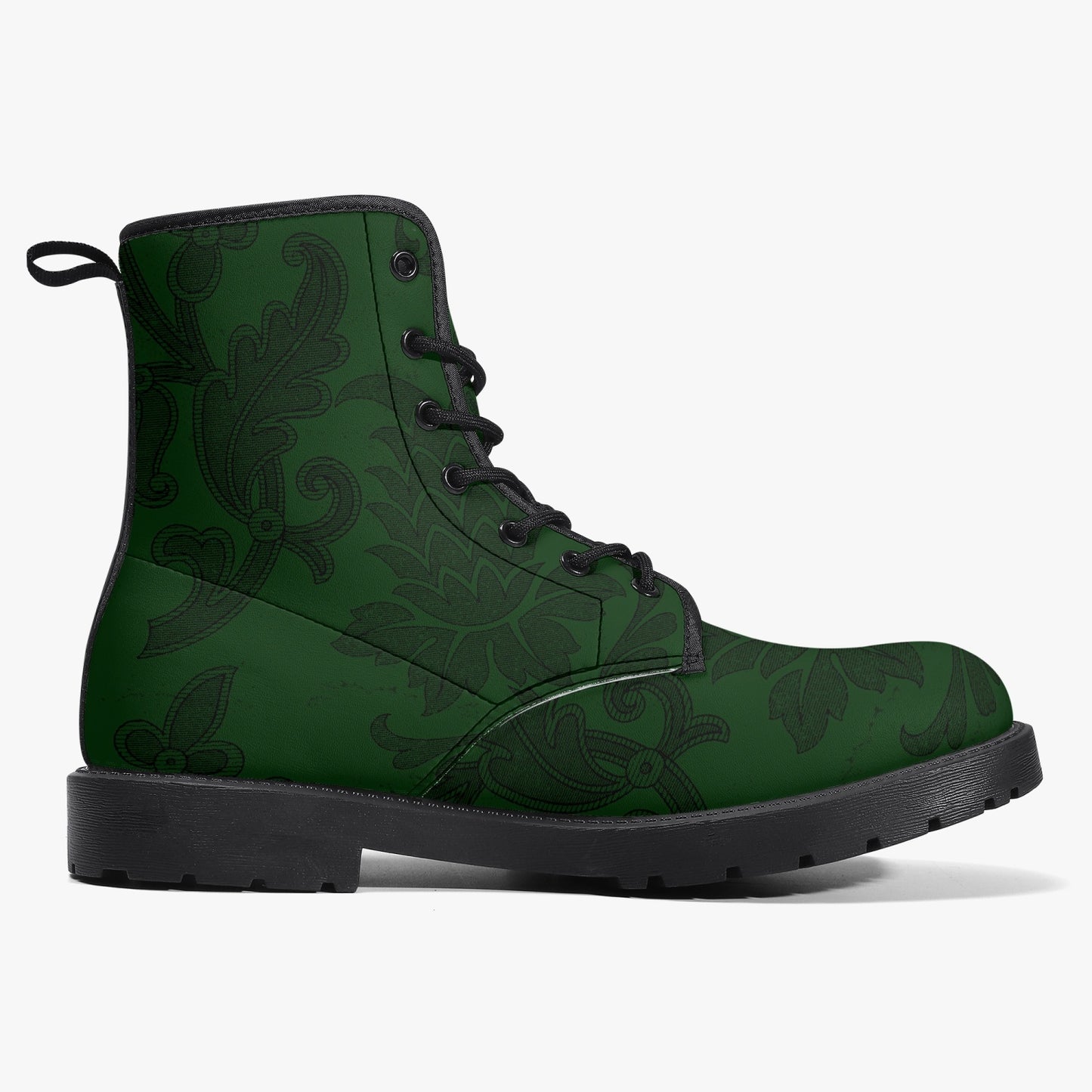 Dark Bottle Green Damask Pattern Lace Up Combat Boots - Green Boots (JPREG38)