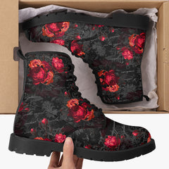 Red Roses and Writing Gothic Combat Boots - Goth Rose Festival Boots (JPREG44)