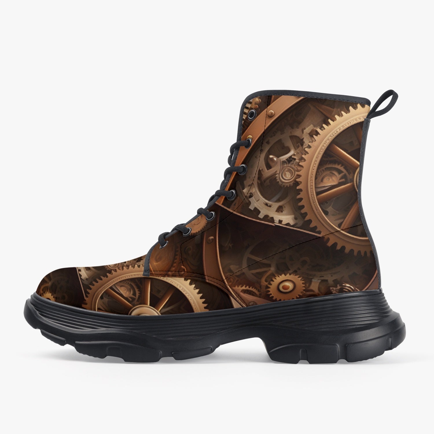 image shows combat style boots with a chunky black sole, custom printed with a brown steampunk clockworks and gear design.
