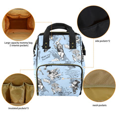 BLUE ALICE in Wonderland QUOTES Large Backpack Style Nappy/Diaper Bag