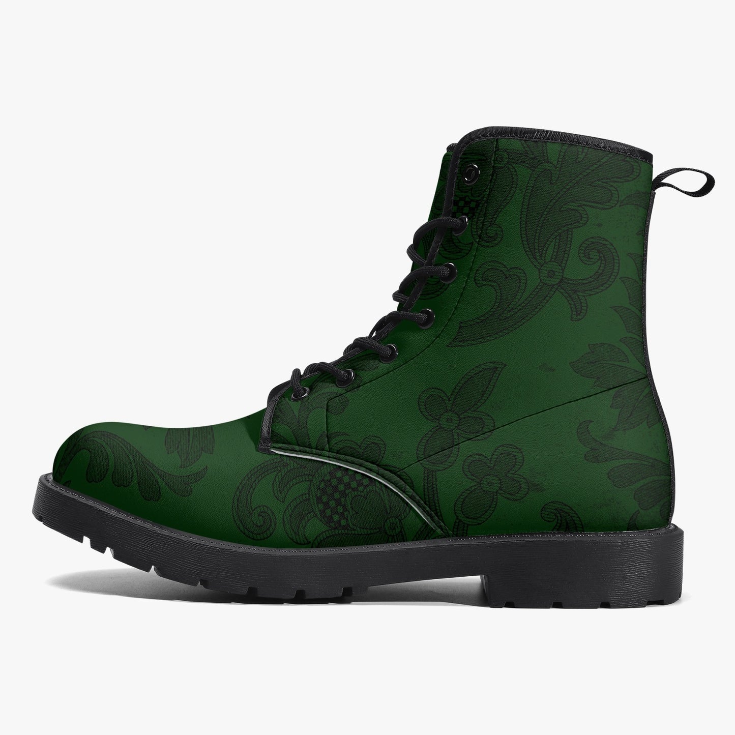 Dark Bottle Green Damask Pattern Lace Up Combat Boots - Green Boots (JPREG38)