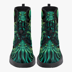 Cthulhu Victorian Horror Lace Up Combat Boots - HP Lovecraft Sea Monster Green Boots (JPREGHP)