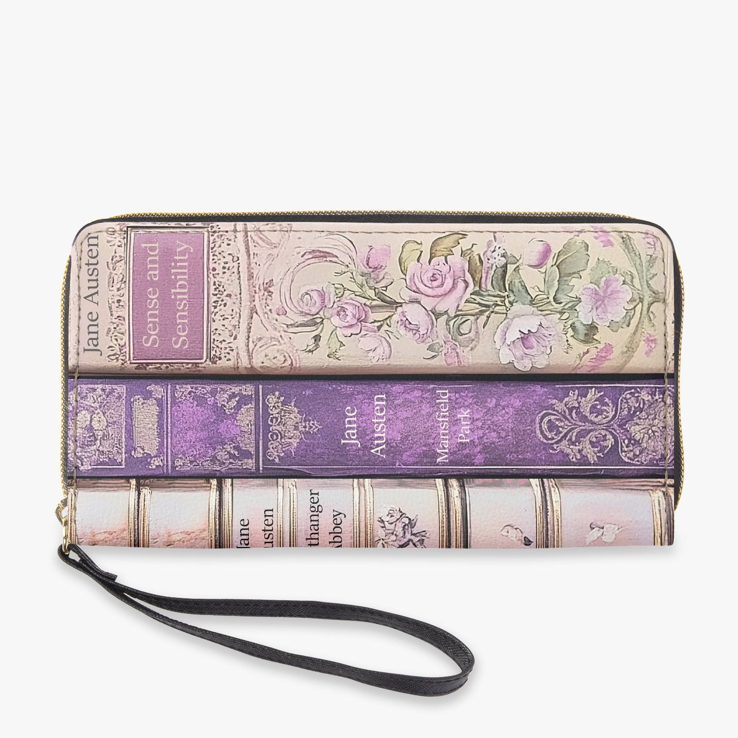 Wallet with book design and floral patterns on a white background