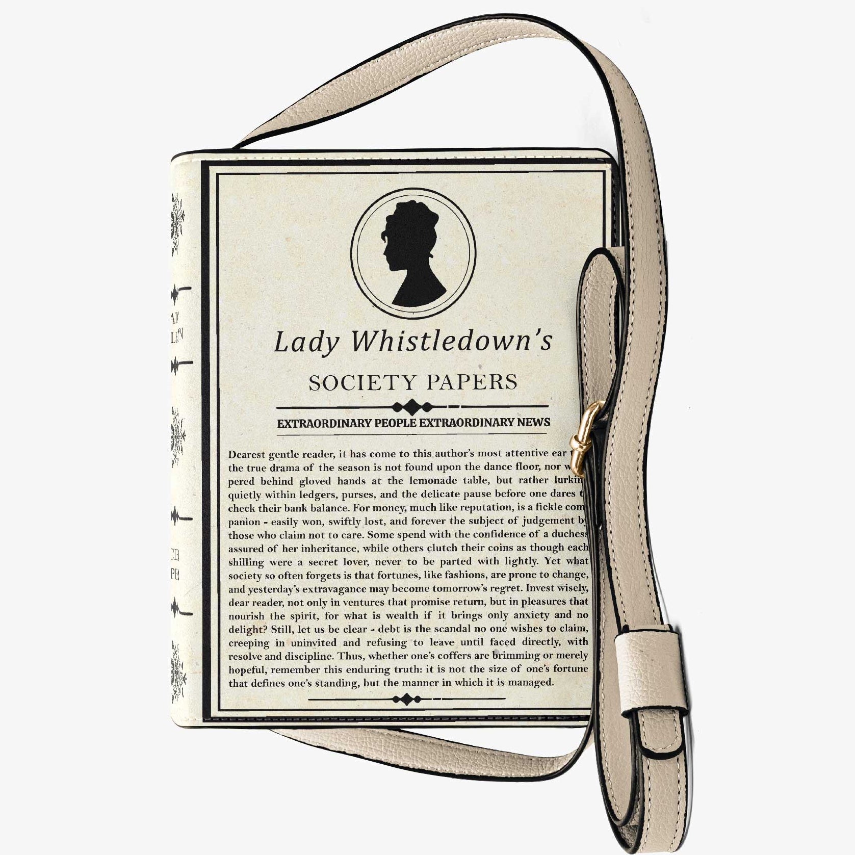 Handbag with 'Lady Whistledown's Society Papers' design on a white background