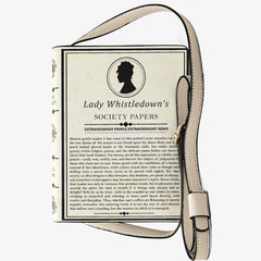 Handbag with 'Lady Whistledown's Society Papers' design on a white background