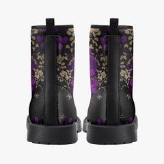 Purple Roses Floral Black Lace Up Combat Boots - Gothic Floral Boots (JPREGPR1)