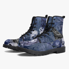 Gothic Skull and Raven Blue Lace Up Combat Boots  - Steampunk Blue Goth Boots (JPREG79a)
