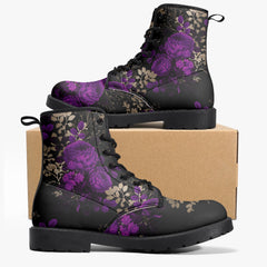 Purple Roses Floral Black Lace Up Combat Boots - Gothic Floral Boots (JPREGPR1)