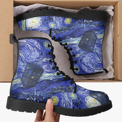 Van Gogh and the Doctor lace up Combat Boots - Starry Night Tardis Boots (JPREG34)