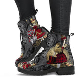 Alice in Wonderland Gothic Red and Gold Black Lace Up Combat Boots - Through the Looking Glass Gothic Boots (JPREG83)