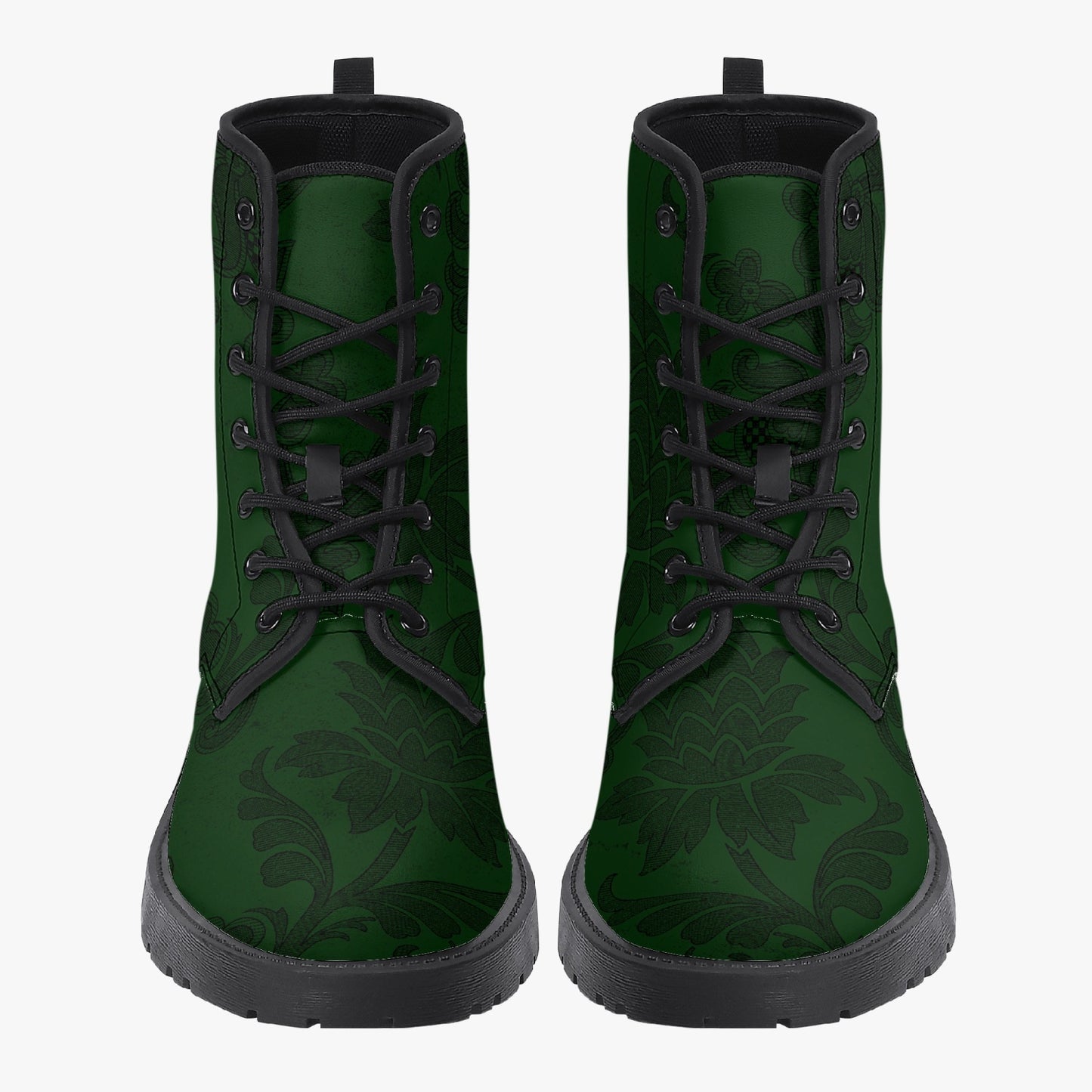 Dark Bottle Green Damask Pattern Lace Up Combat Boots - Green Boots (JPREG38)