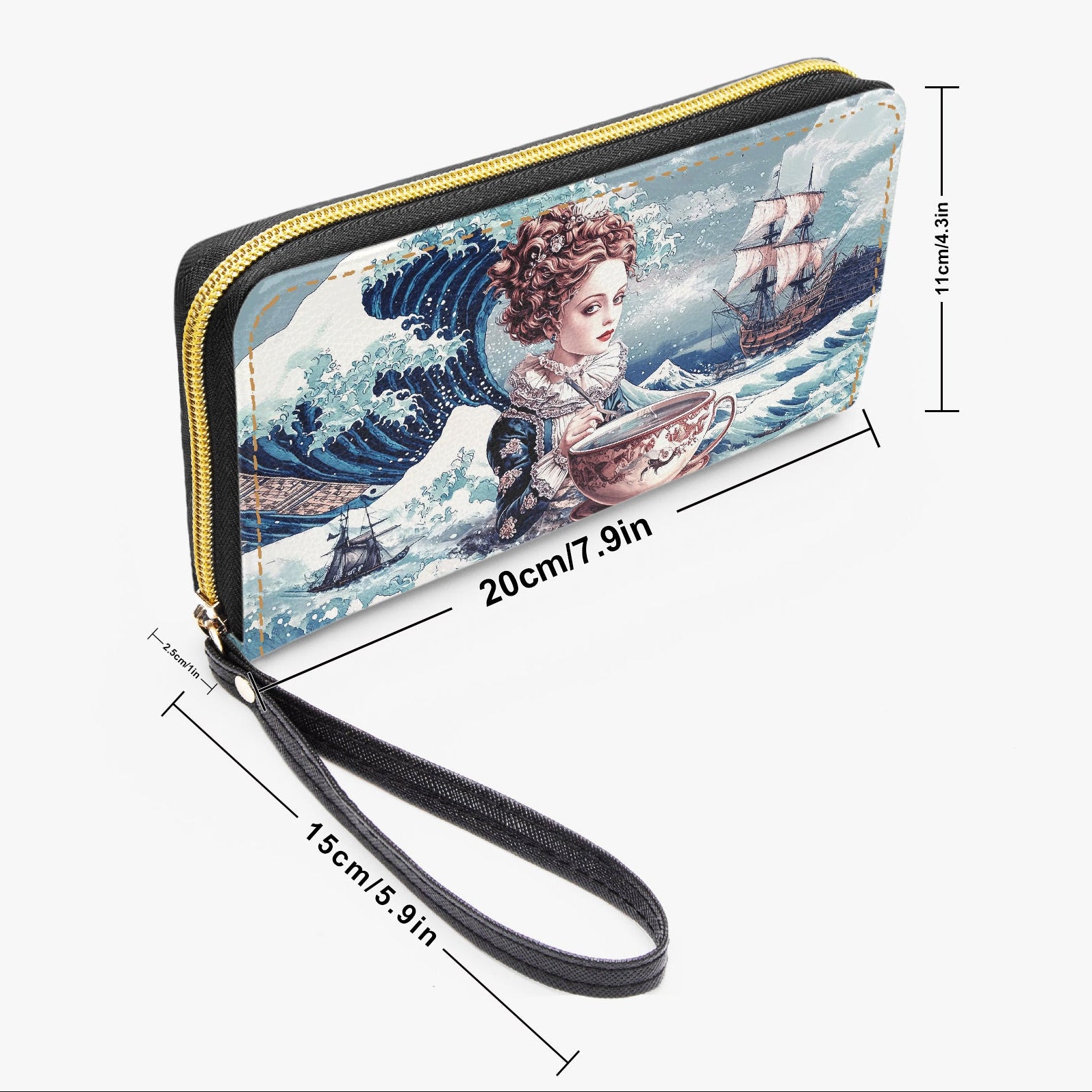Wristlet with artistic design of a woman and ship on a wave, with measurements indicated.