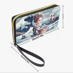 Wristlet with artistic design of a woman and ship on a wave, with measurements indicated.