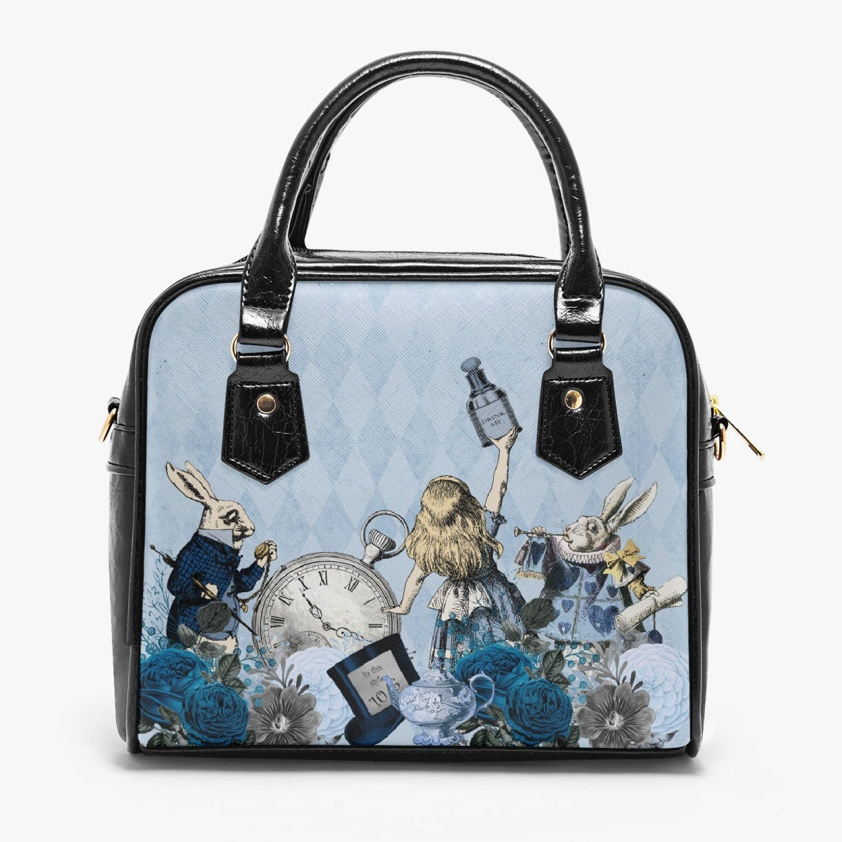 A pastel blue handbag featuring character illustrations from Alice in Wonderland, including Alice, the White Rabbit, and the Mad Hatter.