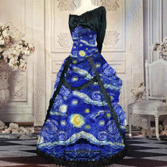 Dress inspired by Van Gogh's 'Starry Night' in a decorative room.