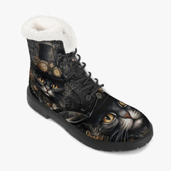 Steampunk Cat Faux Fur Combat Boots - Steamcat with Top Hat and Goggles (JPFBC)