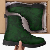 Dark Bottle Green Damask Pattern Lace Up Combat Boots - Green Boots (JPREG38)