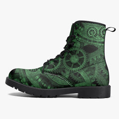 Steampunk Clockwork Gears Green Combat Boots - Vegan Leather Gothic Steampunk Boots - Dark Green Steampunk Boots (JPREG86)