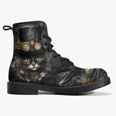 Steampunk Cat Black Combat Boots - Steamcat with Top Hat and Goggles (JPREGBC)