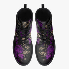 Purple Roses Floral Black Lace Up Combat Boots - Gothic Floral Boots (JPREGPR1)